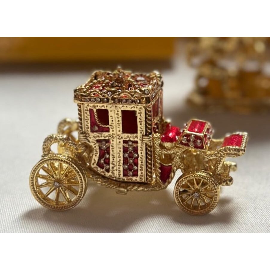 Faberge-Style Egg Trinket Box 6.6 Inch Red with Carriage