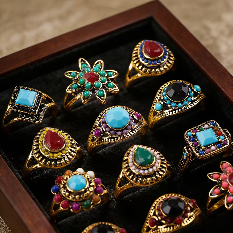 12-Piece Assorted Bohemian-Style Fashion Ring Lot