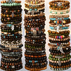 42-Piece Assorted Bohemian-Style Wooden Beaded Bracelet Lot
