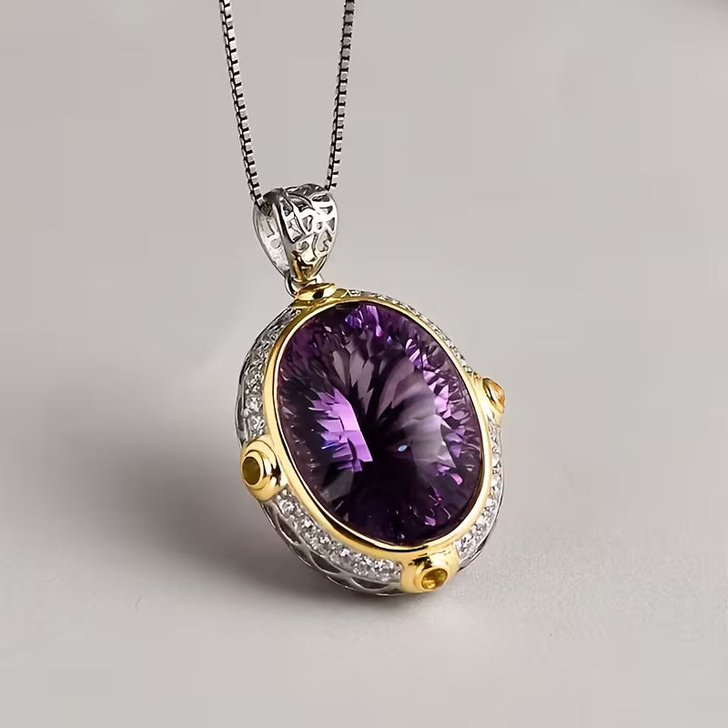925 Sterling Silver Oval Amethyst Pendant Necklace