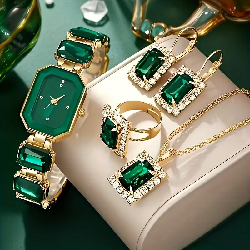 5-Piece Green and Gold-Tone Women’s Watch and Jewelry Set