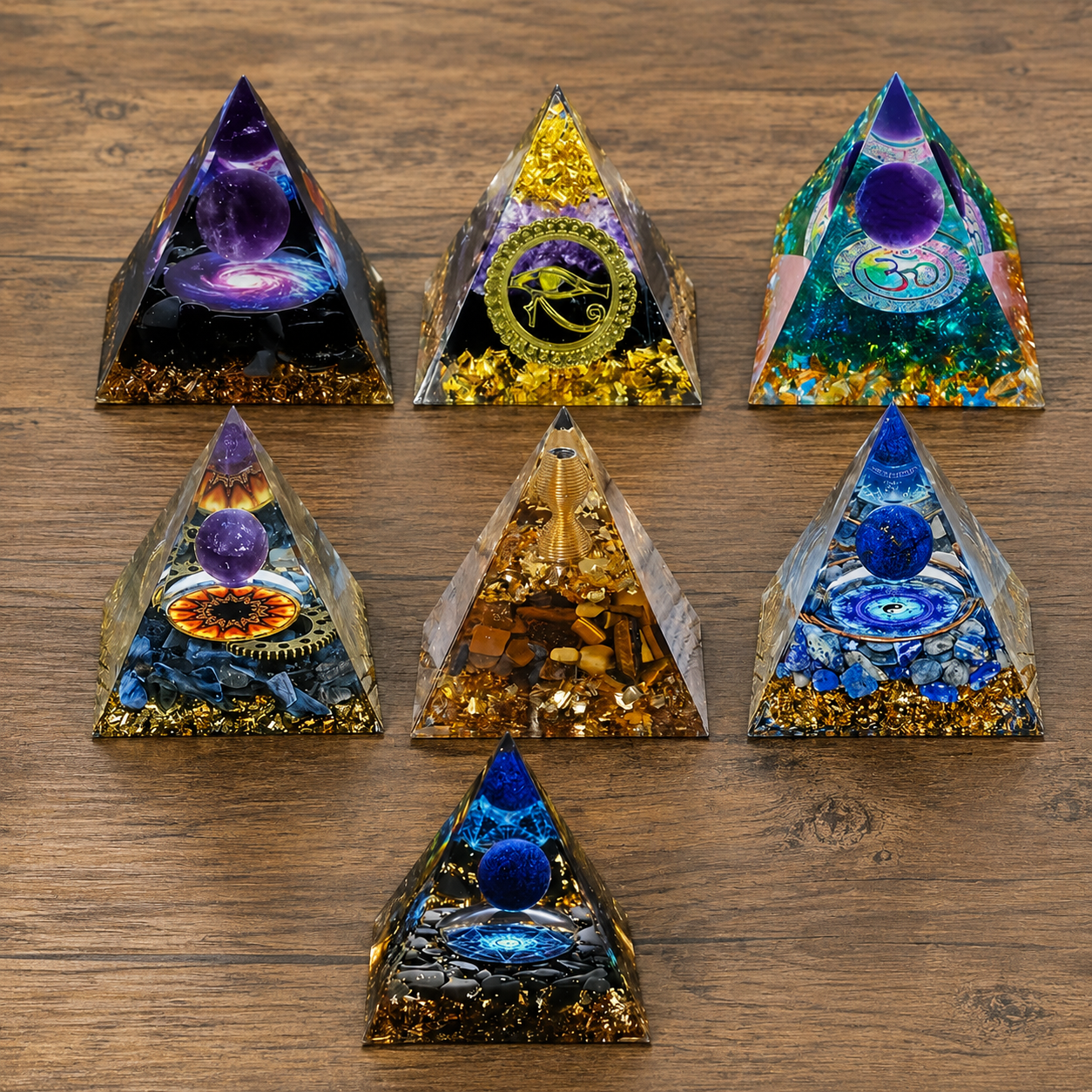 Lot of 7 Crystal Pyramid Collection with Natural Gemstones