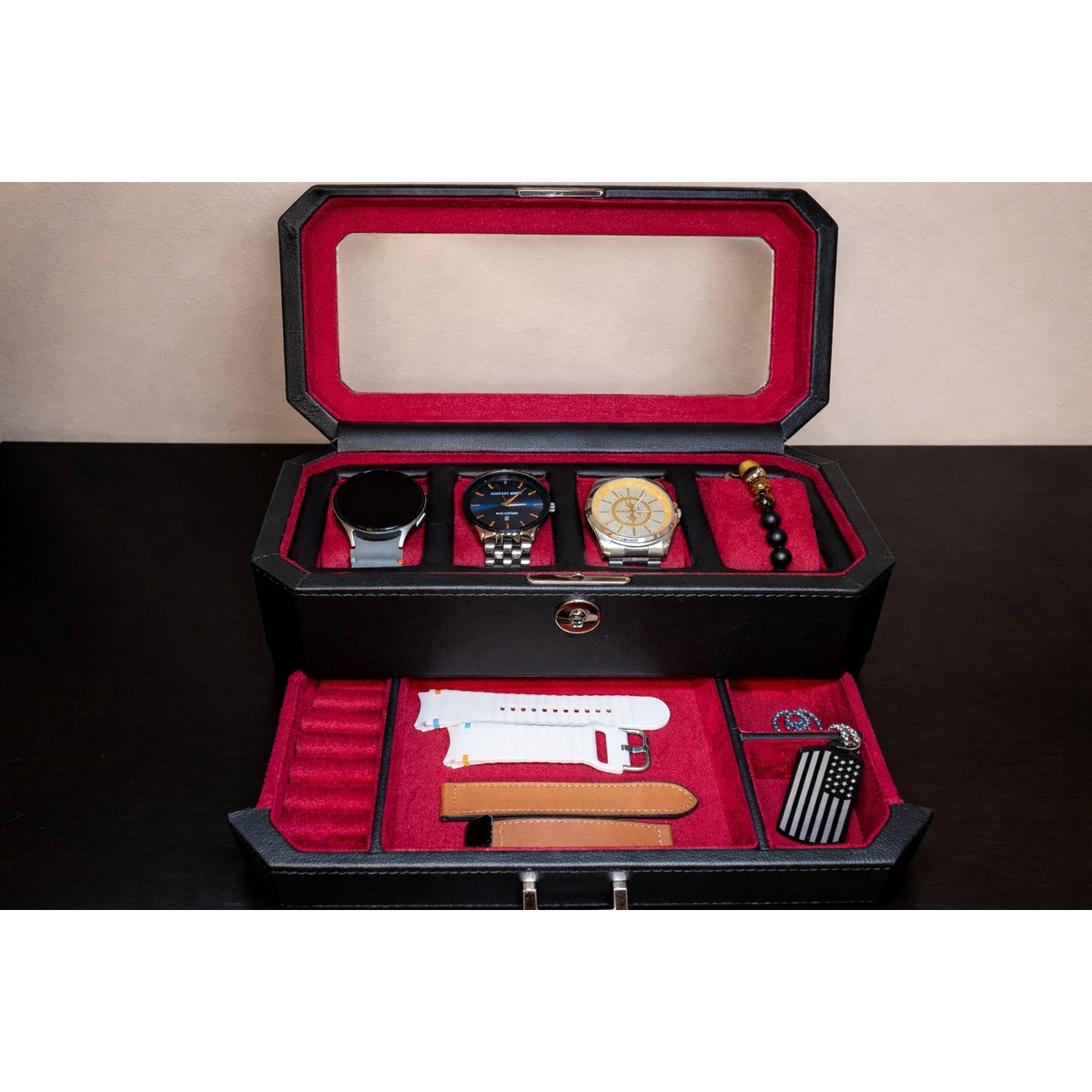 Leather Watch Display Box with Glass Lid and Valet Drawer