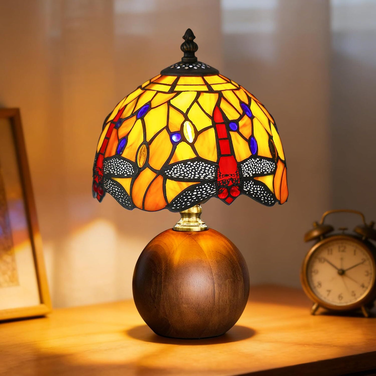 Dragonfly Stained Glass Lamp Dimmable with Wood Base