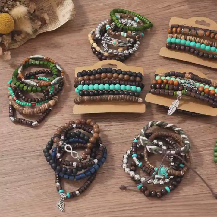 42-Piece Assorted Bohemian-Style Wooden Beaded Bracelet Lot