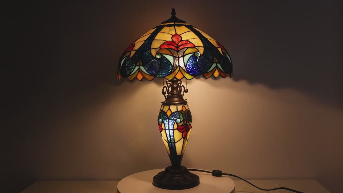 Tiffany-Style Stained Glass Table Lamp with Night-Light Base