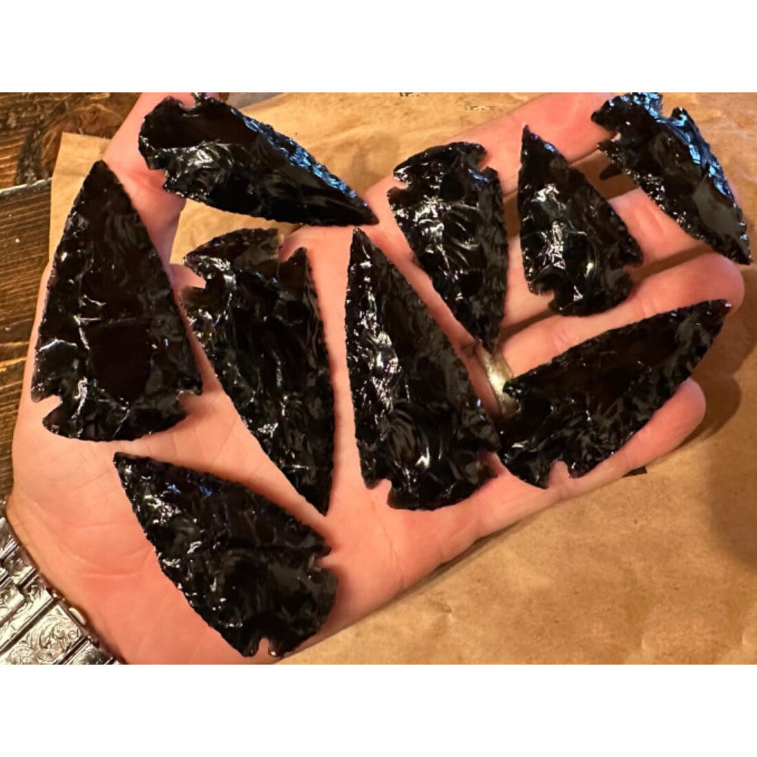 5 Hand-Knapped Black Obsidian Arrowheads