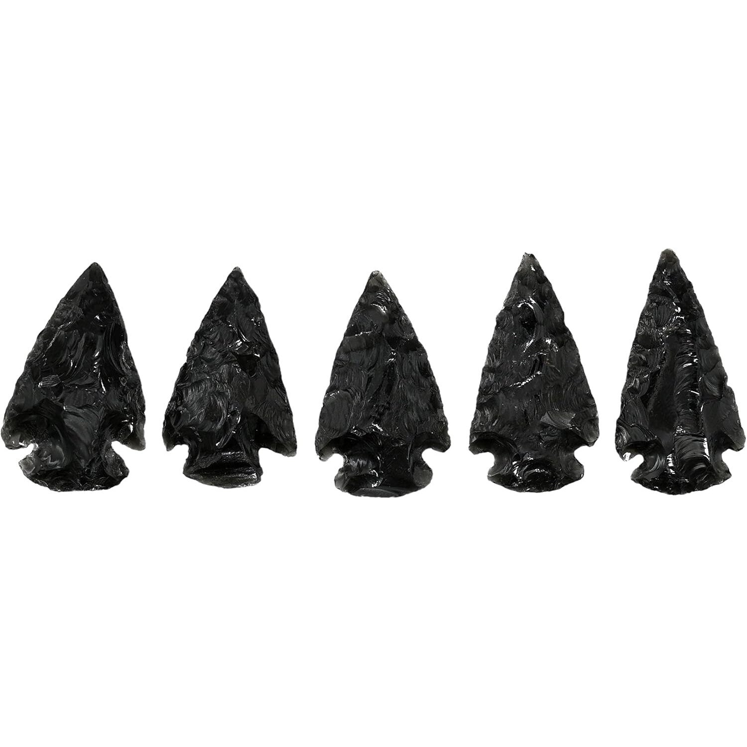 5 Hand-Knapped Black Obsidian Arrowheads
