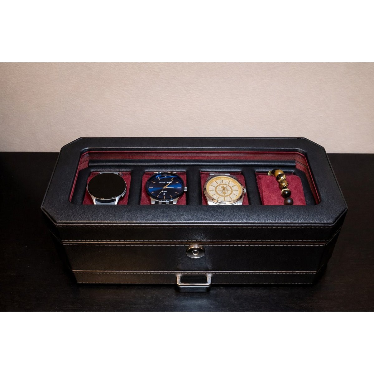 Leather Watch Display Box with Glass Lid and Valet Drawer